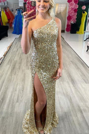 Glitter One Shoulder Hot Pink Sequins Mermaid Prom Dress with Slit