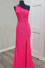 Glitters One Shoulder Hot Pink Sequins Mermaid Prom Dress