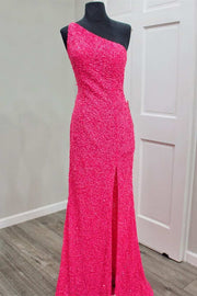 Glitter One Shoulder Hot Pink Sequins Mermaid Prom Dress with Slit