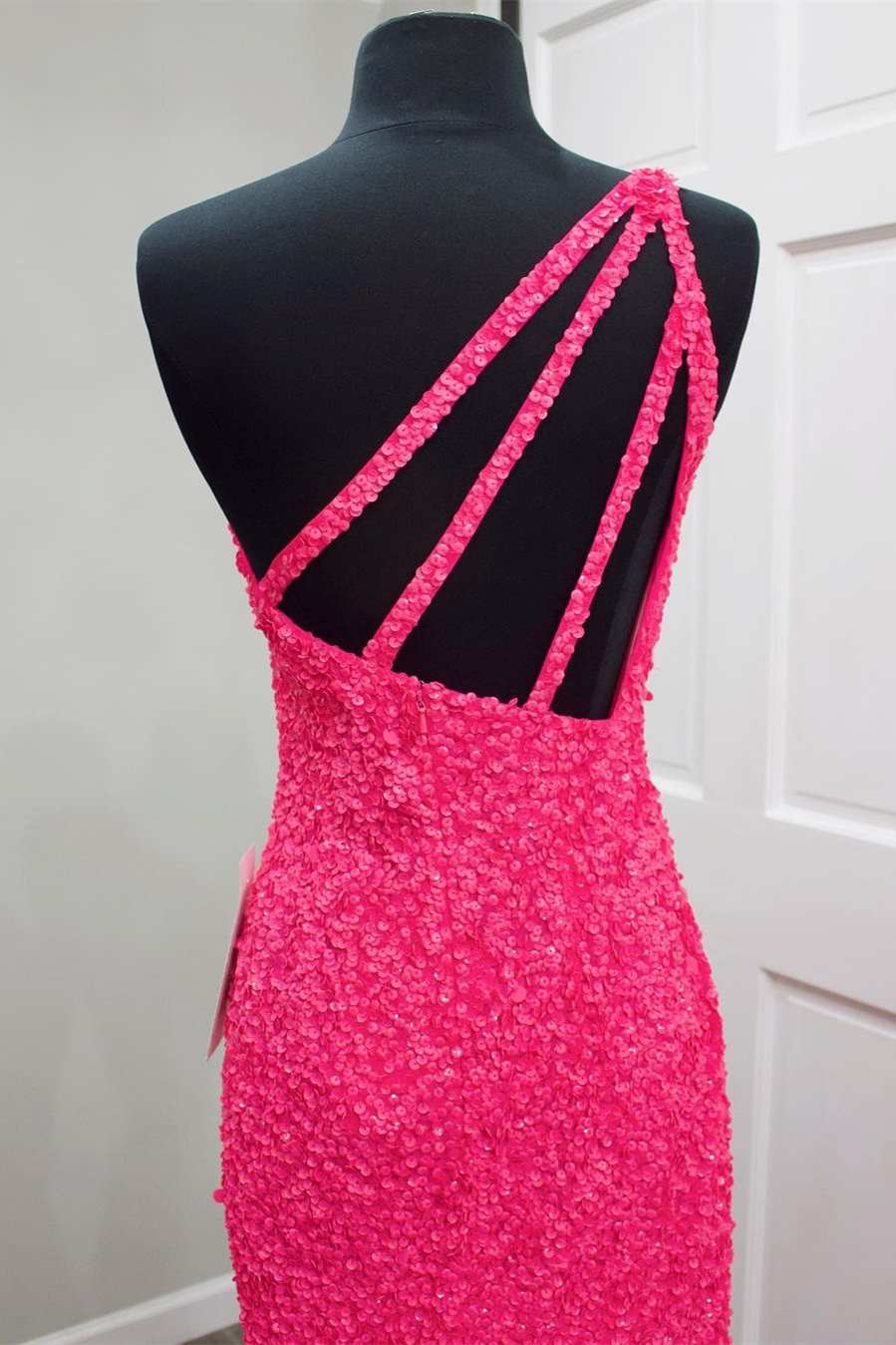Glitter One Shoulder Hot Pink Sequins Mermaid Prom Dress with Slit