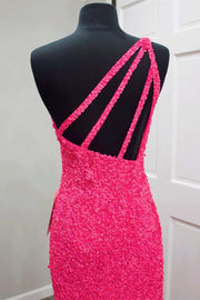 Glitter One Shoulder Hot Pink Sequins Mermaid Prom Dress with Slit