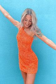 Classic One Shoulder Sleeveless Sequins Tight Party Homecoming Dress