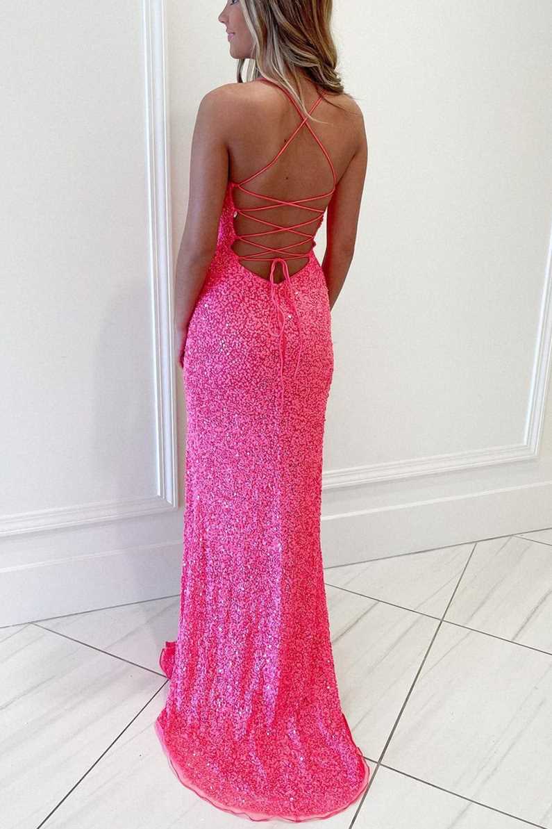 Hot Pink Sequins Mermaid Long Prom Dress