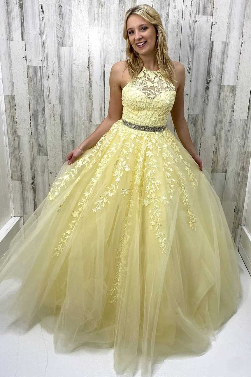 Yellow Lace Appliques Jewel Neck Long Formal Dress