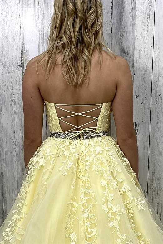 Yellow Lace Appliques Jewel Neck Long Formal Dress