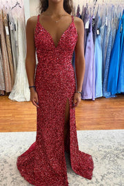 Wine Red Sequins Mermaid Slit Long Formal Dress