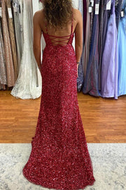Wine Red Sequins Mermaid Slit Long Formal Dress
