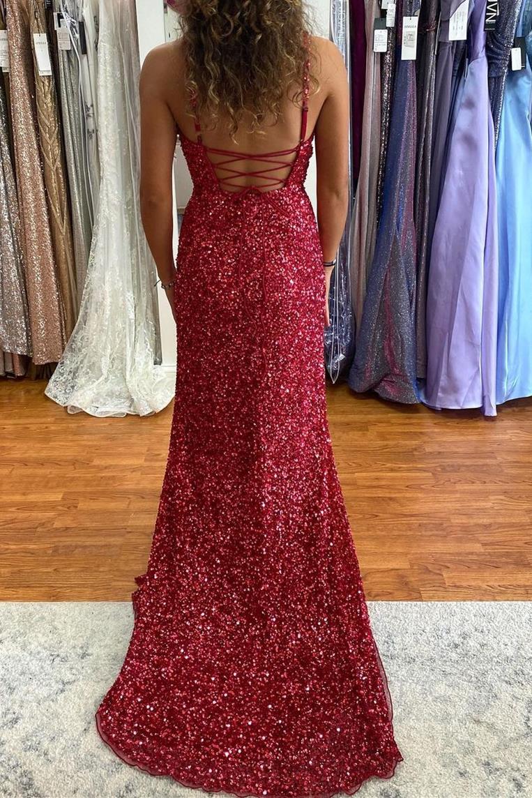Wine Red Sequins Mermaid Slit Long Formal Dress
