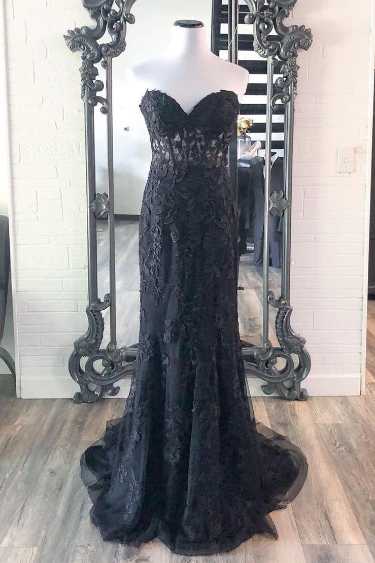 Black Long Mermaid Sweetheart Lace Formal Evening Prom Dresses