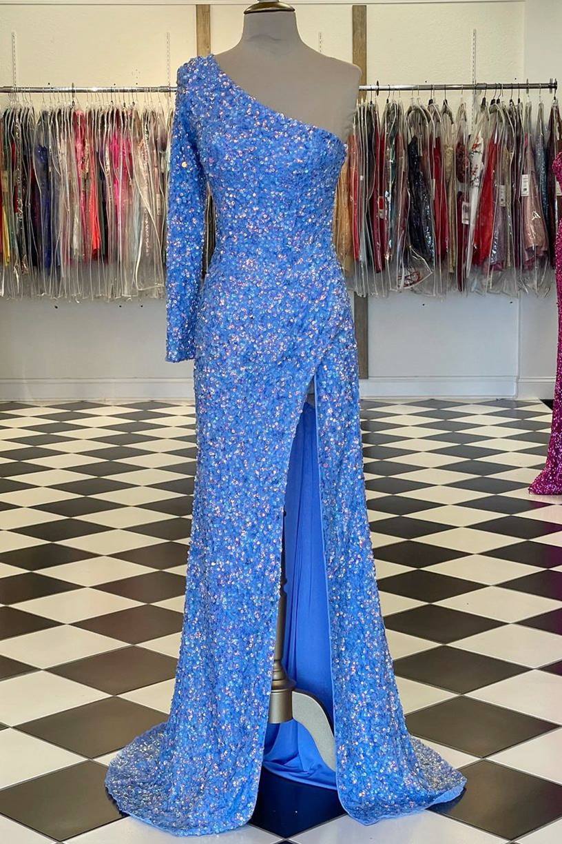One-shoulder Long Sleeve Blue Sequins Long Formal Dress
