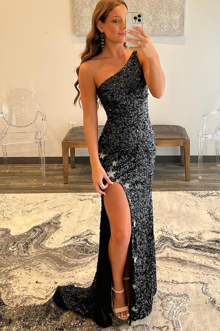 One Shoulder Stars Mermaid Sequins Formal Dress with Slit