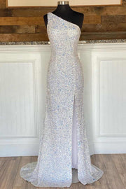 Glitter One Shoulder Hot Pink Sequins Mermaid Prom Dress with Slit