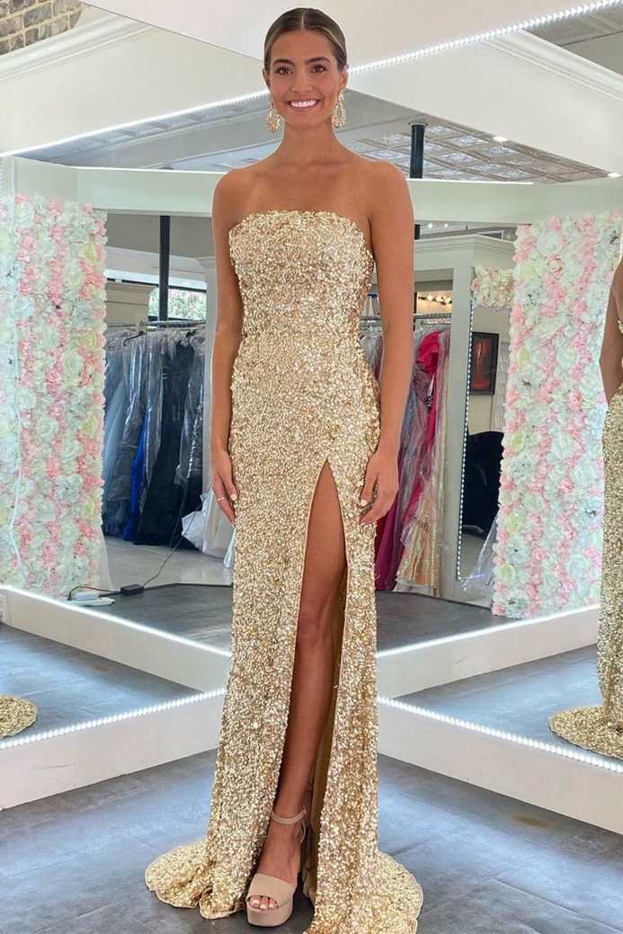 Gold Sequin Strapless Backless Mermaid Long Prom Dress with Slit  Modsele