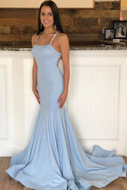Light Blue Beaded Backless Trumpet Long Prom Dress