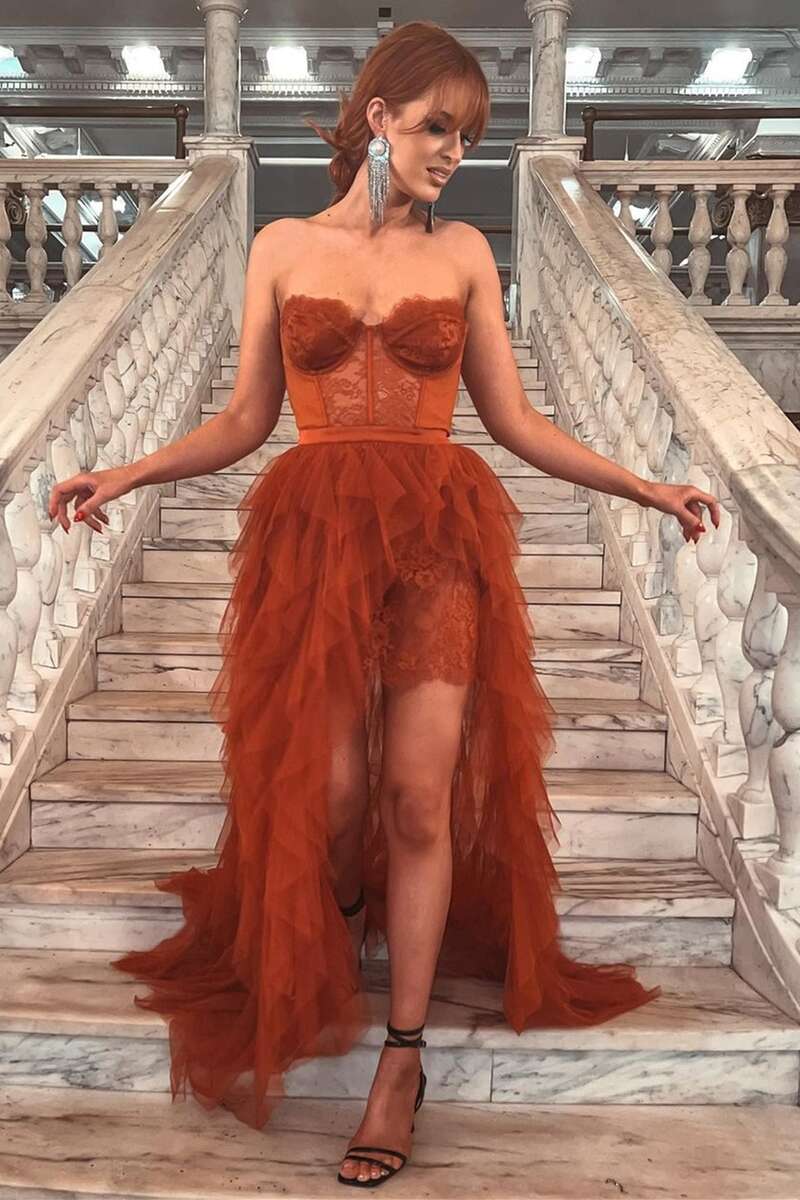 Rust Lace Bustier Tiered Long Prom Dress with Slit