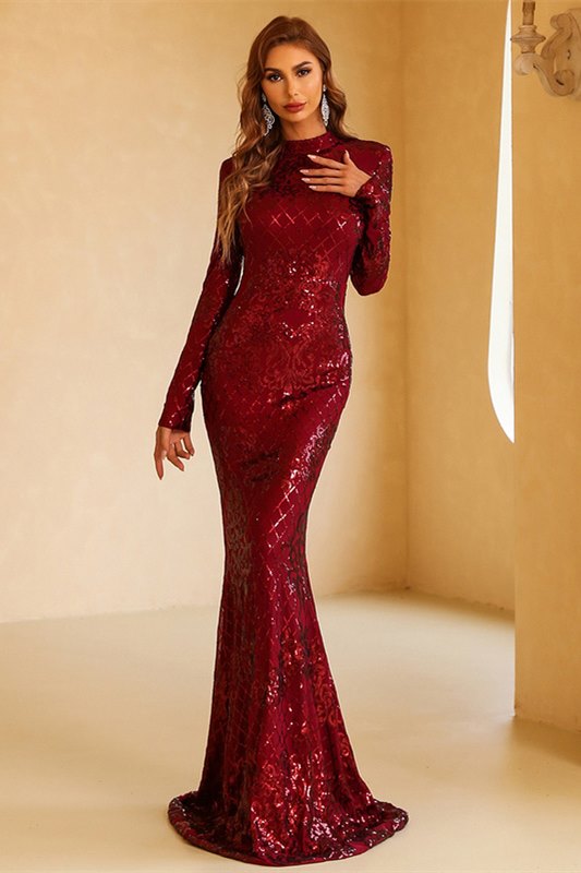 Elegant Burgundy Sequin Backless Mermaid Long Evening Dress