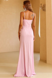 Pink V-Neck Ruched Side Slit Mermaid Long Evening Dress