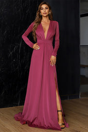 Raspberry V-Neck Long Sleeve A-Line Long Evening Dress