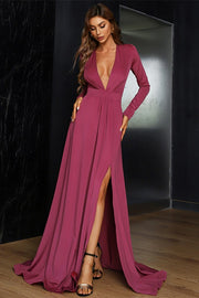 Raspberry V-Neck Long Sleeve A-Line Long Evening Dress