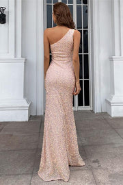 Pink Sequin One-Shoulder Bodycon Mermaid Long Prom Dress