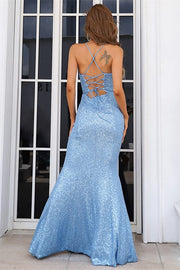 Light Blue Sequin V-Neck Lace-Up Back Mermaid Long Evening Dress