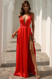 Red V-Neck High Side Slit Long Evening Dress