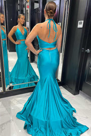Two-Piece Teal Blue Halter Trumpet Long Prom Dress