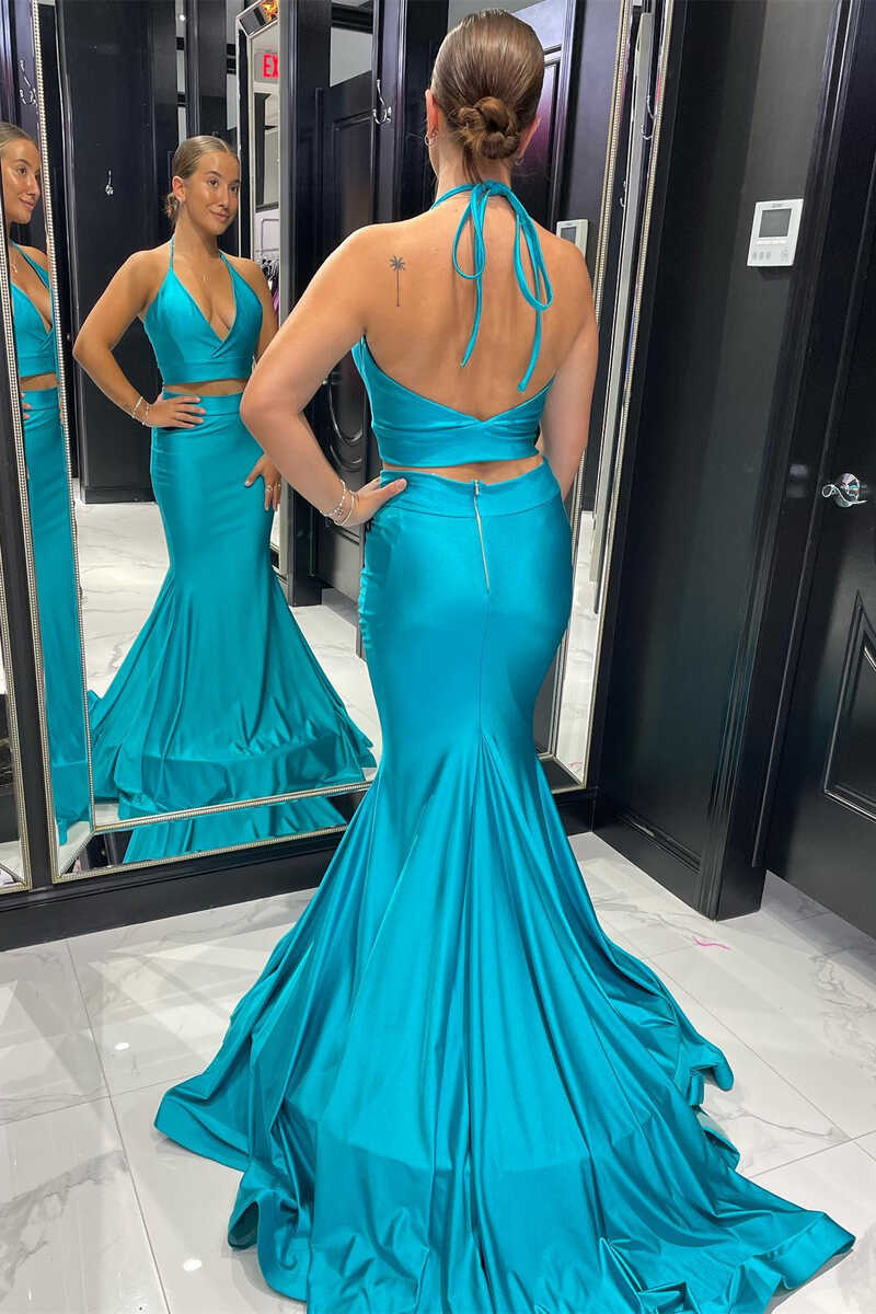 Two-Piece Teal Blue Halter Trumpet Long Prom Dress