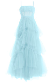 Hot Pink Straps Tiered A-Line Long Prom Dress