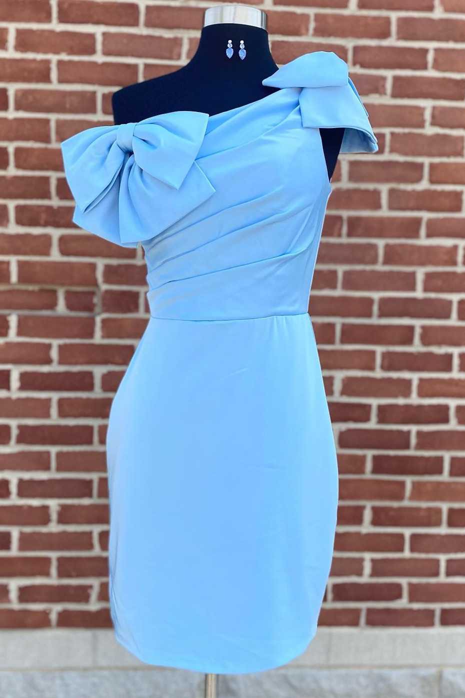 Blue One-Shoulder Bodycon Short Party Dress with Bows