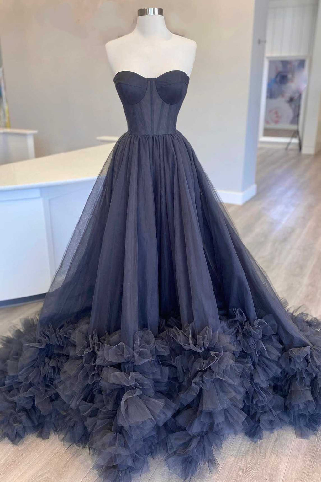 A-Line Strapless Tiered Prom Dress Moss