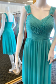 Teal Blue Chiffon Straps A-Line Short Bridesmaid Dress