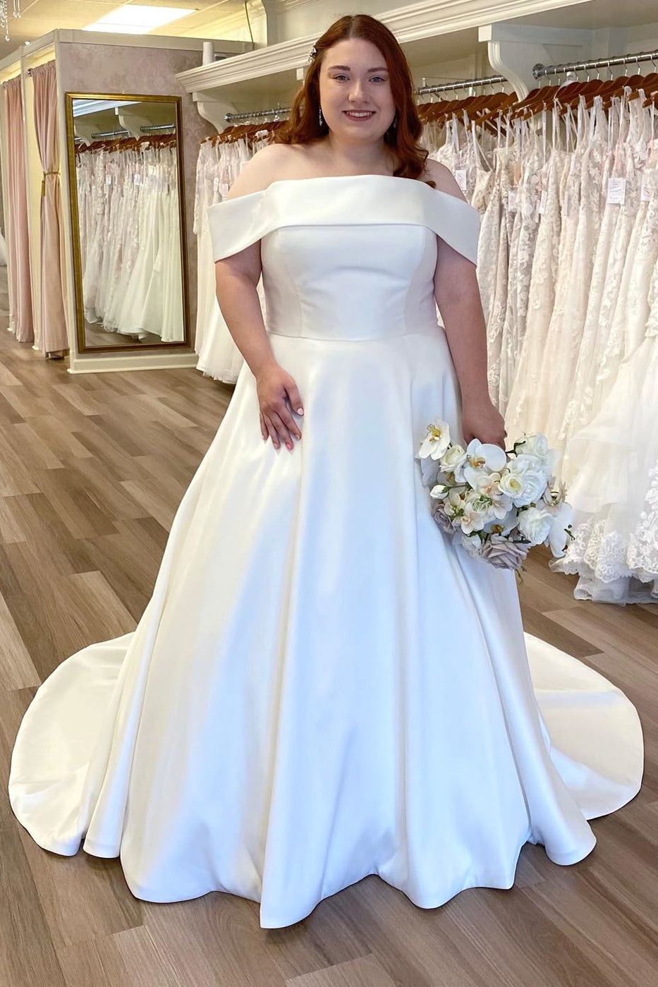 White Satin Long Prom Dress Off The Shoulder A Line Wedding Dress main image 0