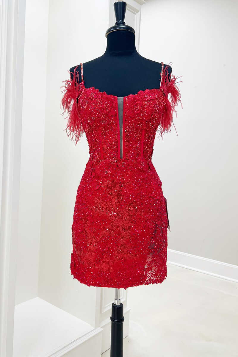 Dark Periwinkle Cold-Shoulder Feather Mini Homecoming Dress
