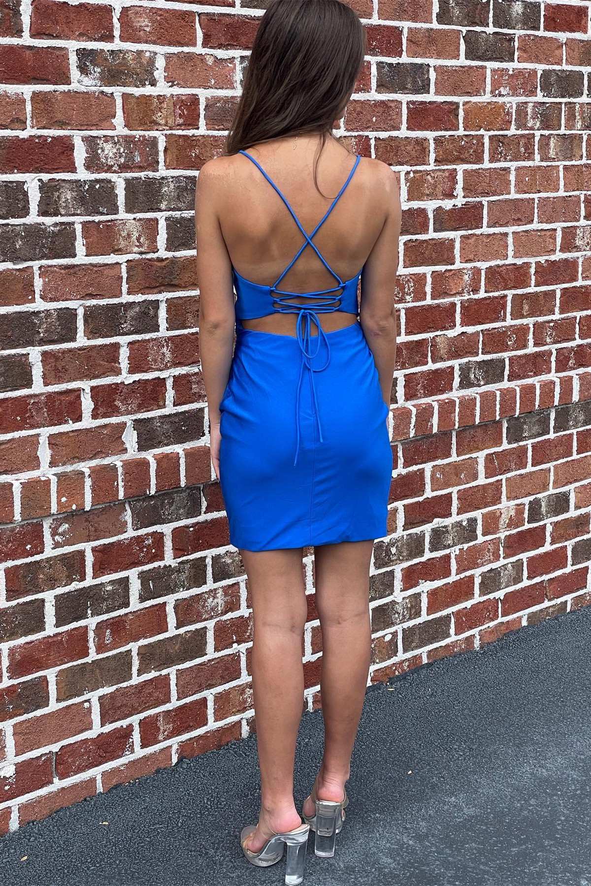 Blue Surplice Lace-Up Fitted Homecoming Dress