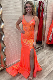 Orange Sequin Corset Top Mermaid Long Prom Dress with Slit