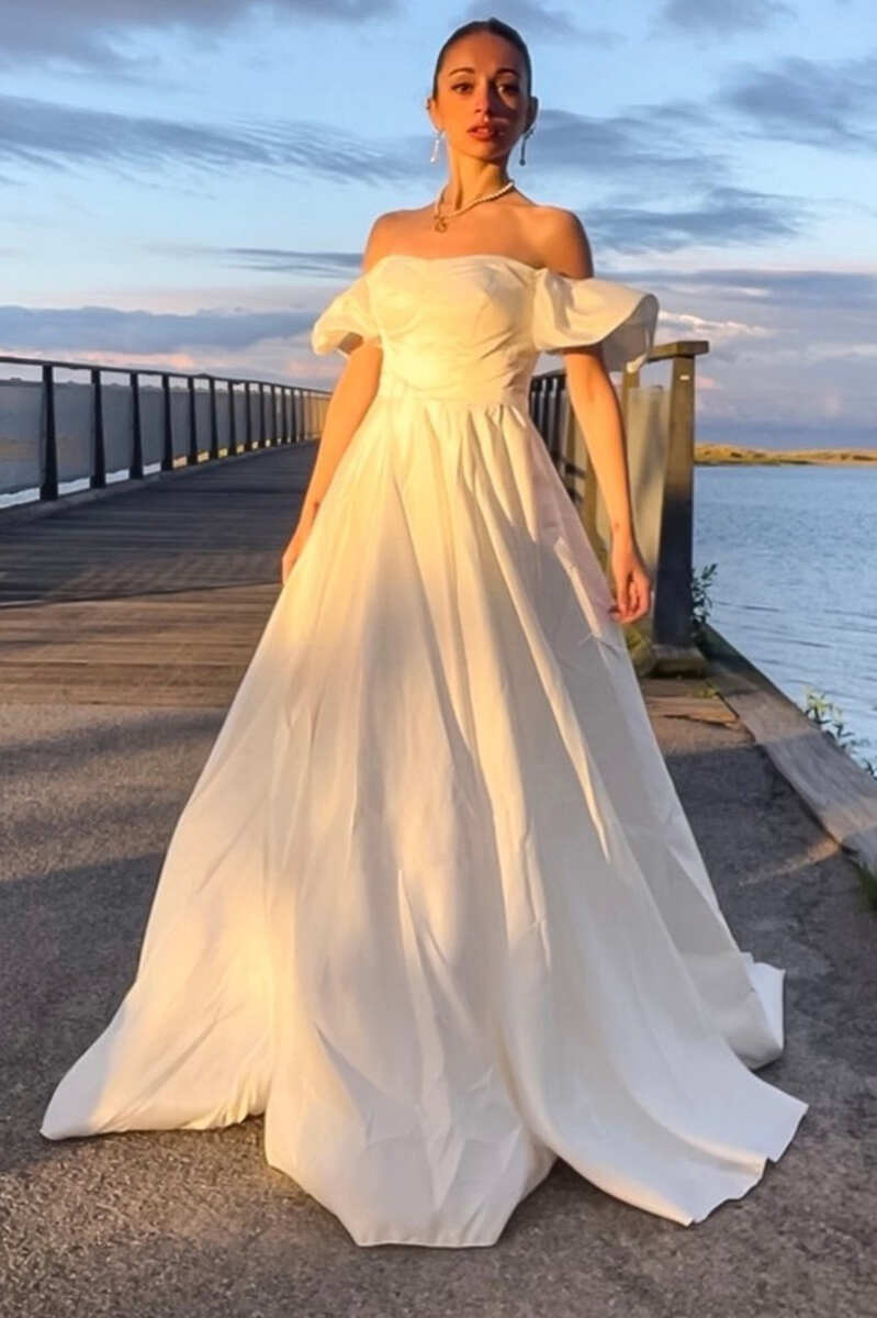 Long Off Shoulder A-line Floral White Wedding Dress with Bell Sleeves main image 0