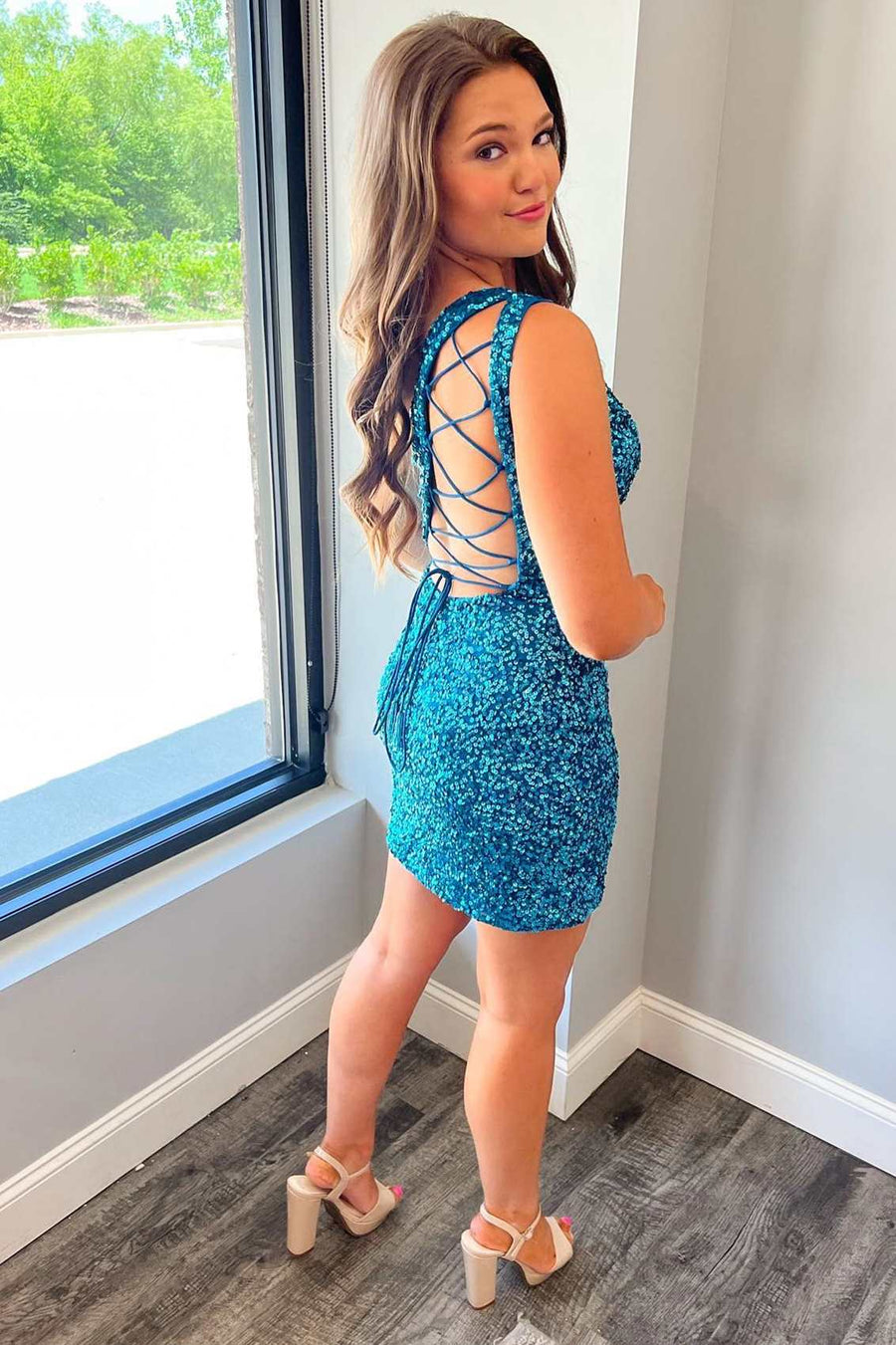 Royal Blue Sequins One-Shoulder Lace-Up Mini Homecoming Dress
