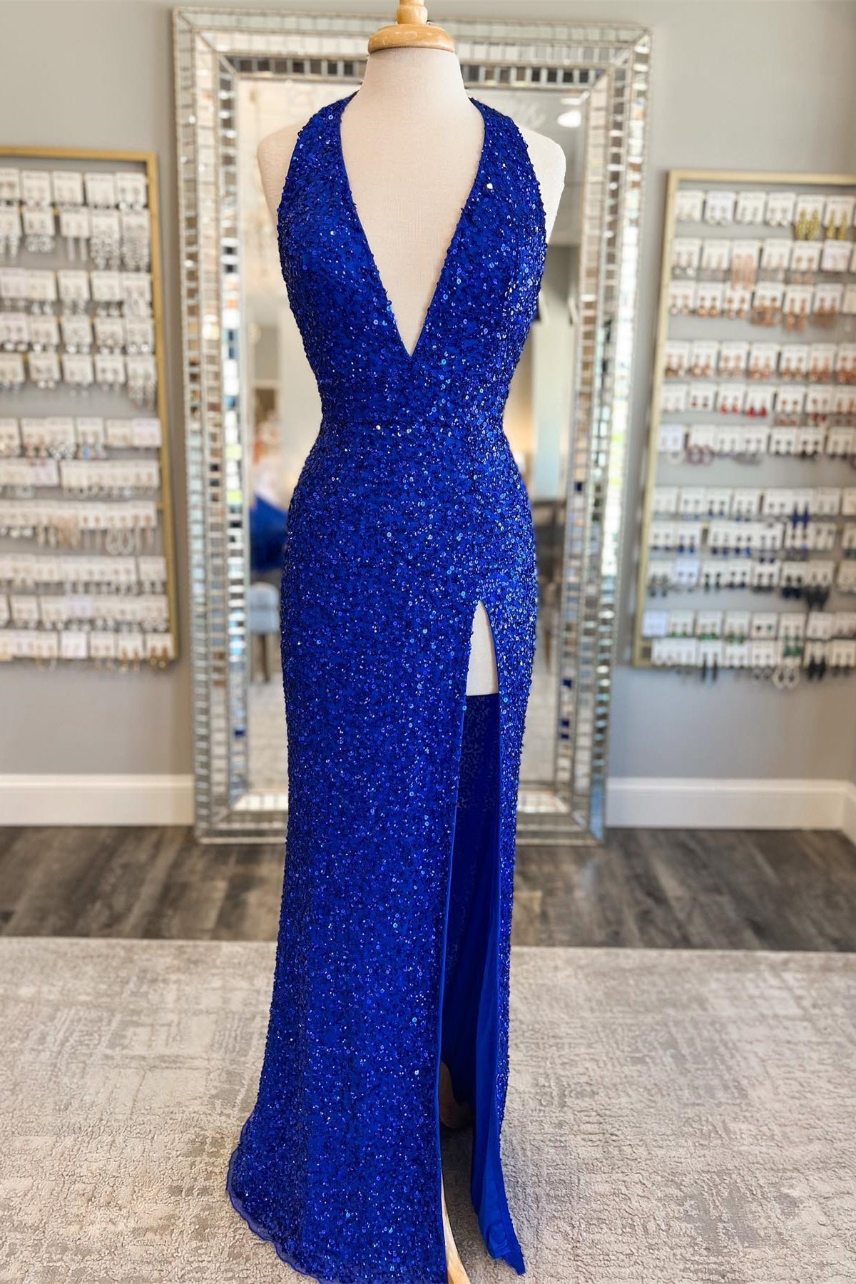 Blue Sequin Halter Long Prom Dress with Attached Train