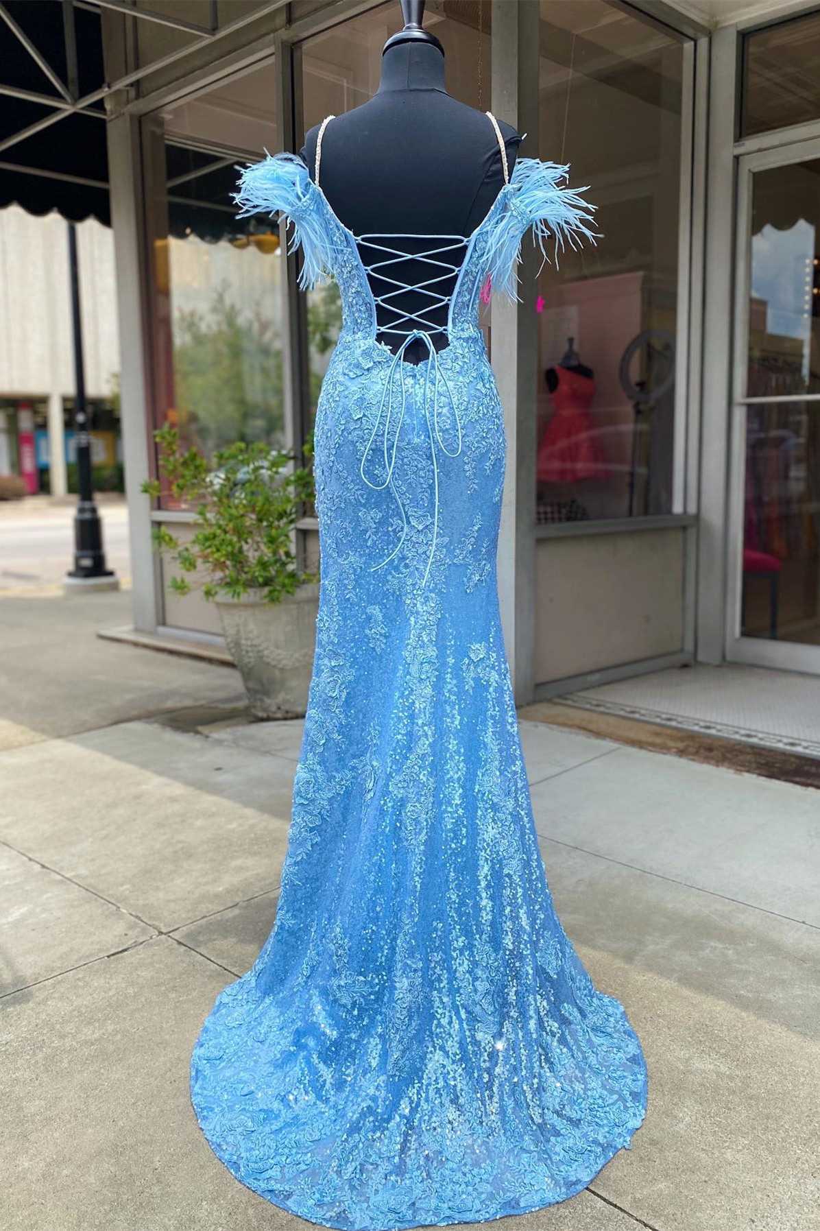 Blue Sequin Appliques Cold-Shoulder Long Prom Gown with Slit