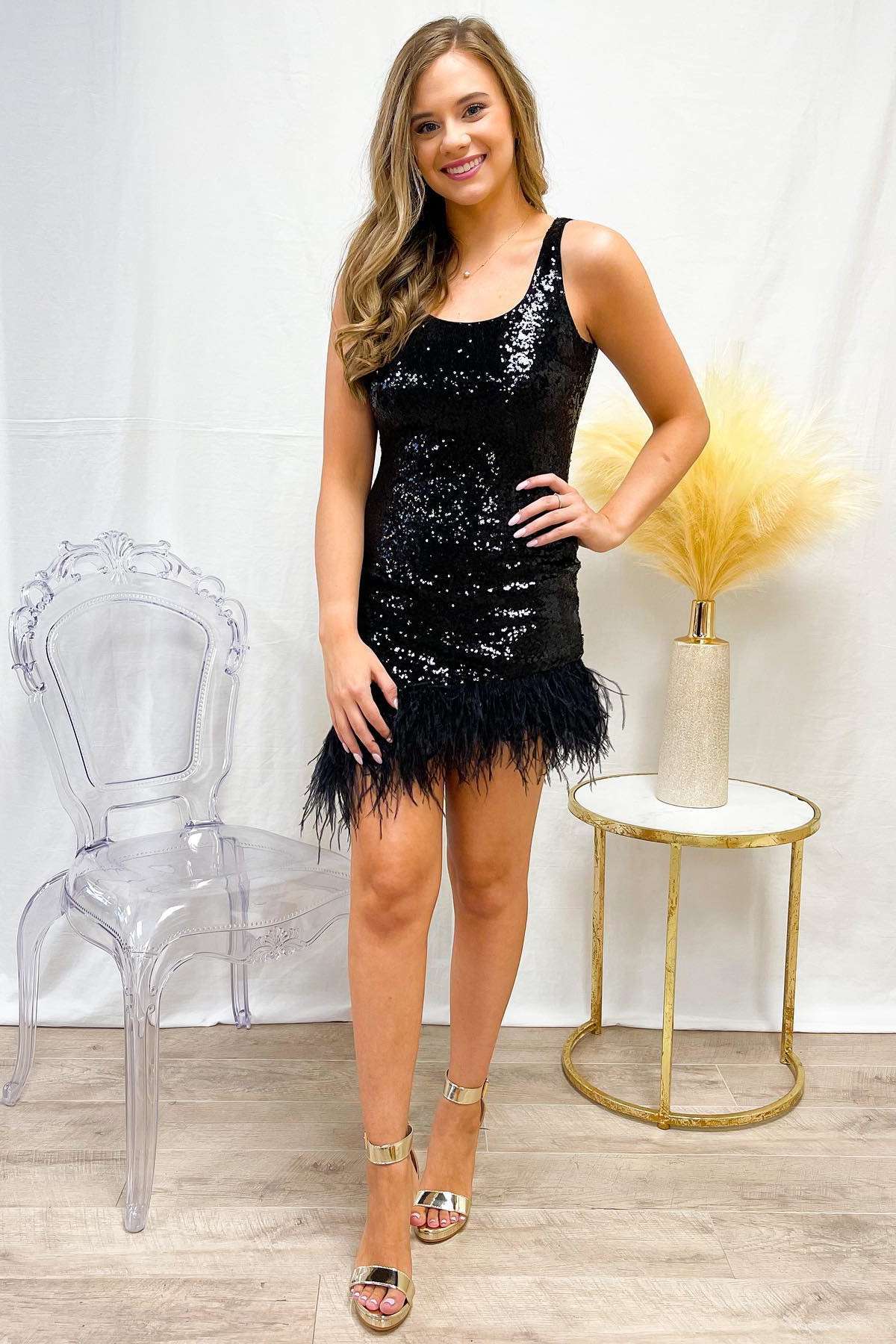 Black Sequin Square Neck Open Back Feathered Cocktail Dress