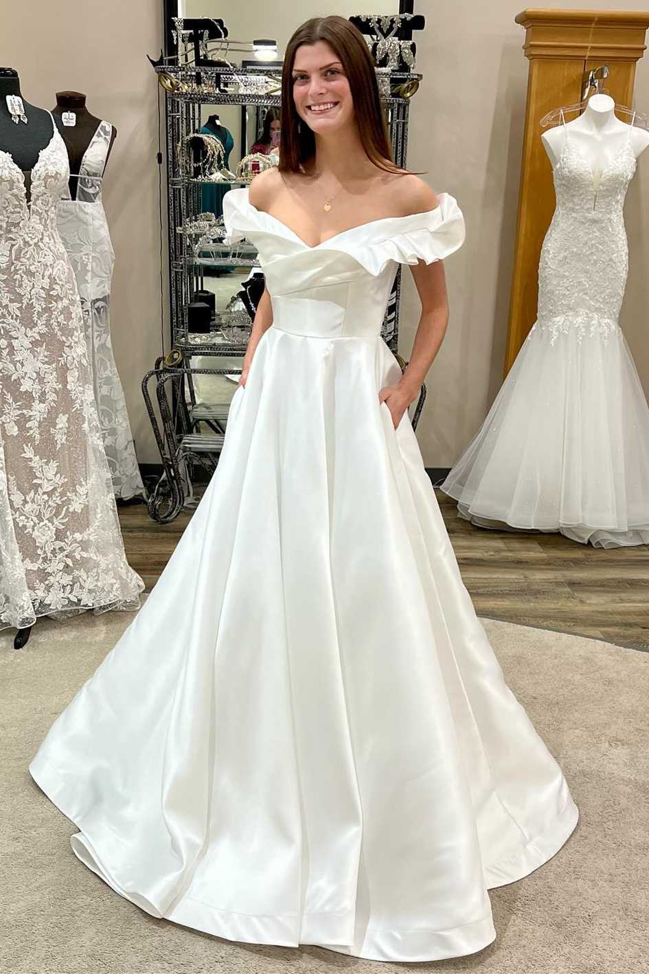 Timeless A Line Off The Shoulder Long Lace White Wedding Dresses With Slit C1655