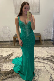 Violet Beaded V-Neck Cross-Back Mermaid Long Prom Dress