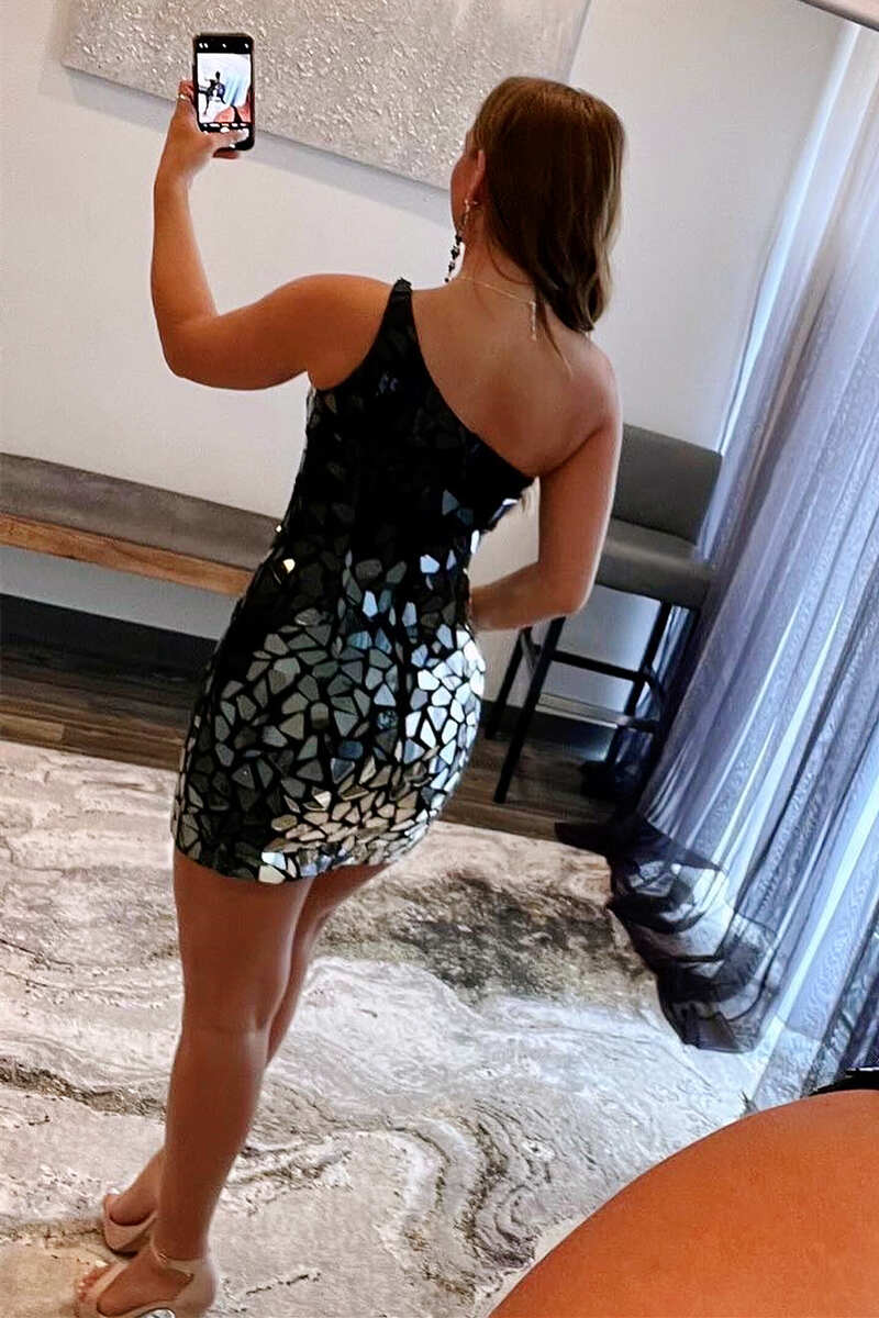 Black Gradient Cut Glass Mirror One-Shoulder Short Dress