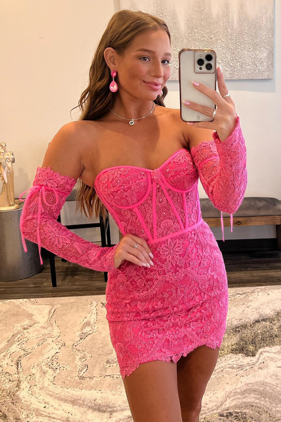 Barbie Pink Lace Strapless Bodycon Cocktail Dress