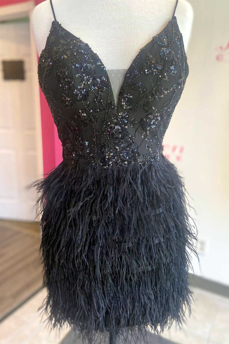 Black Sequin V-Neck Feathered Mini Homecoming Dress