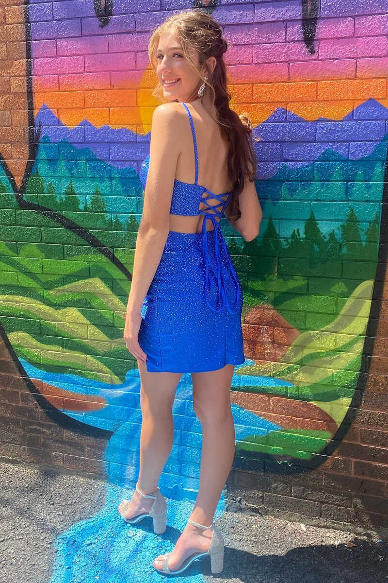 Royal Blue Beaded Lace-Up Mini Cocktail Dress with Slit
