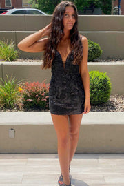 Light Blue Sequin Bodycon Mini Party Dress with Appliques