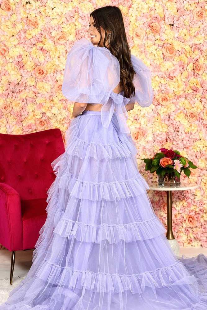 Two-Piece Tulle A-Line Long Prom Dress with Puff Sleeves