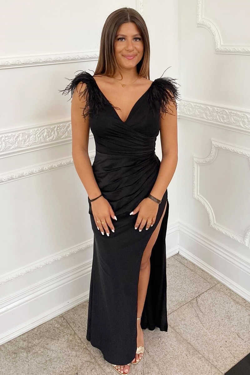 Black Feather V-Neck Long Prom Dress with Slit – Modsele